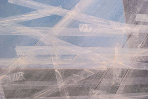 Detail of painting 'Before you hand me down, try me on' showing the painted cellotapes covering a detail of the bridge